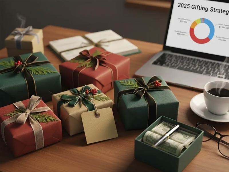 Office desk with small gift boxes, one of which is open and full of cash.
