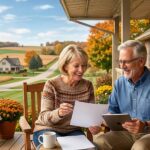 Mature couple on the porch of their Iowa home preparing their taxes