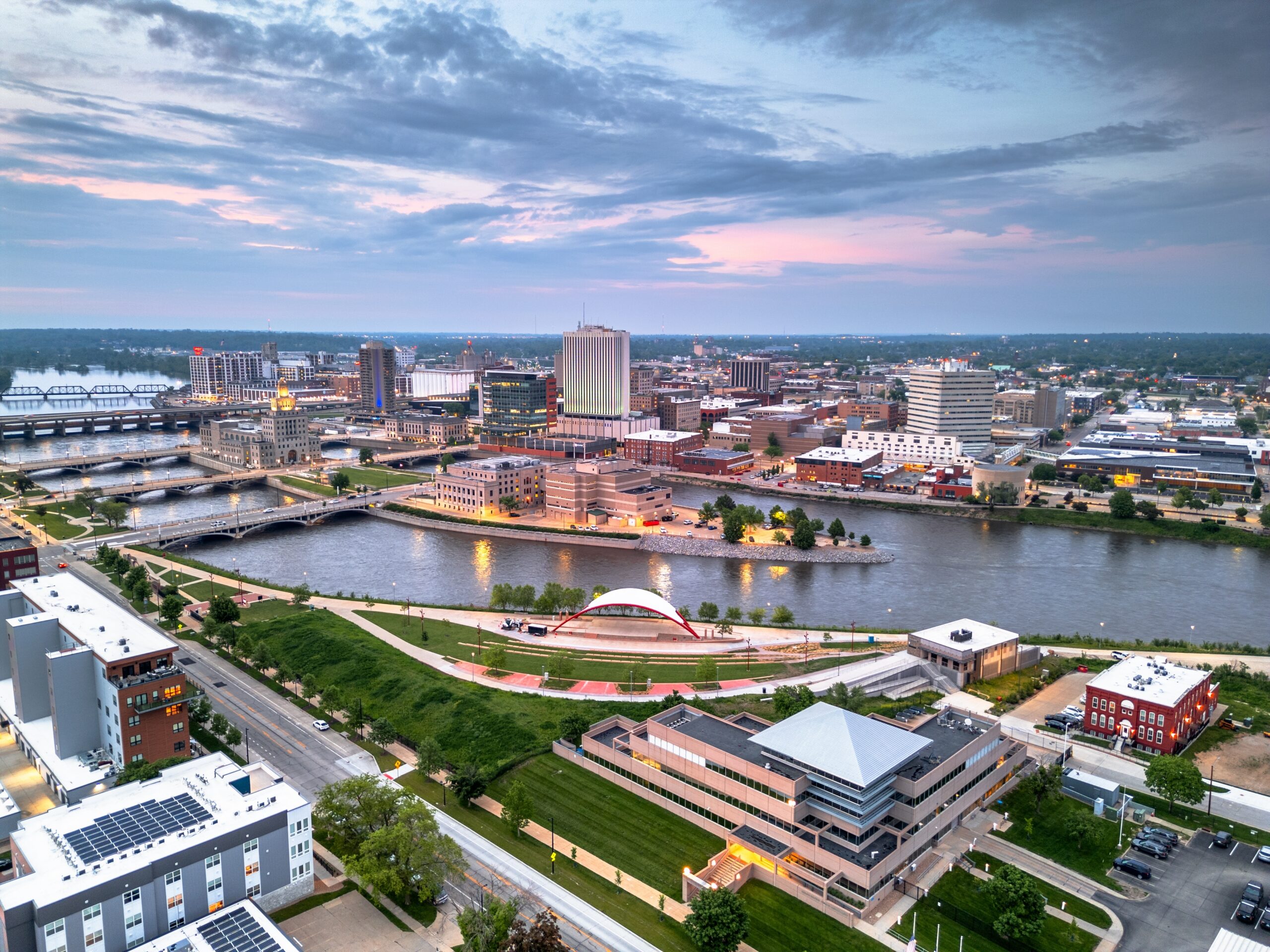 aerial view of Cedar Rapids, Iowa downtown with river, bridges, and buildings
