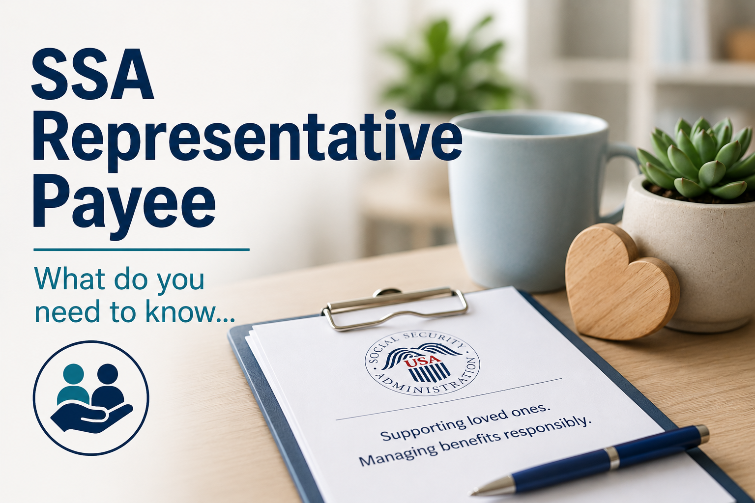 SSA Representative Payee: What Do You Need To Know? Professional blog graphic for an article about SSA Representative Payees featuring a Social Security document on a clipboard, a coffee mug, and the headline “SSA Representative Payee – What do you need to know?”