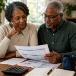 Retired couple reviewing financial documents together at home for Social Security planning.