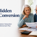 Older couple reviewing retirement tax planning documents for a blog post about the hidden Roth conversion trap and new senior deduction.