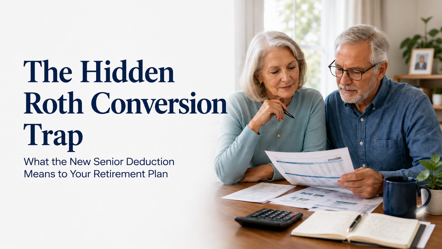 Hidden Roth Conversion Trap Older couple reviewing retirement tax planning documents for a blog post about the hidden Roth conversion trap and new senior deduction.